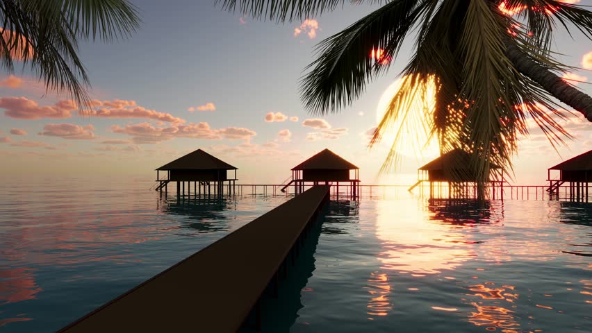 Holidays in the Maldives in houses on the water in the middle of the ocean or sea at sunset.