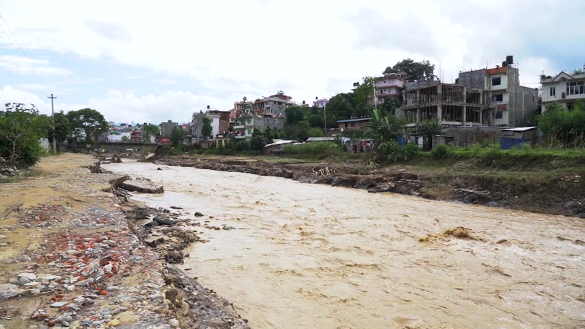 Nakhu river flood damaged riverbank and houses in Lalitpur, Nepal