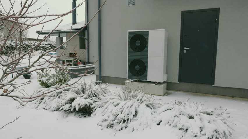 Heat pump unit outside a modern house surrounded by snow-covered plants, illustrating winter energy efficiency. High quality 4k footage