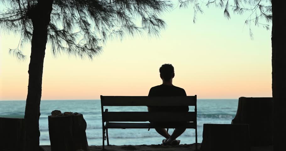 Silhouette of man sitting on bench by sea under trees at sunset.