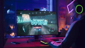 Woman With Headphones Plays an Arcade Racing Video Game at Home, Driving Through Neon city and Tunnels, She Wins Championship. Gameplay of a Racing Simulator Video Game. CGI Animation - Powered by Shutterstock - Get 15% off with code: PIKWIZARD15