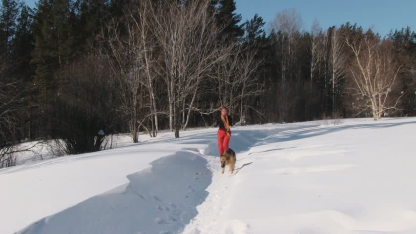 Beauty woman with dog in winter country