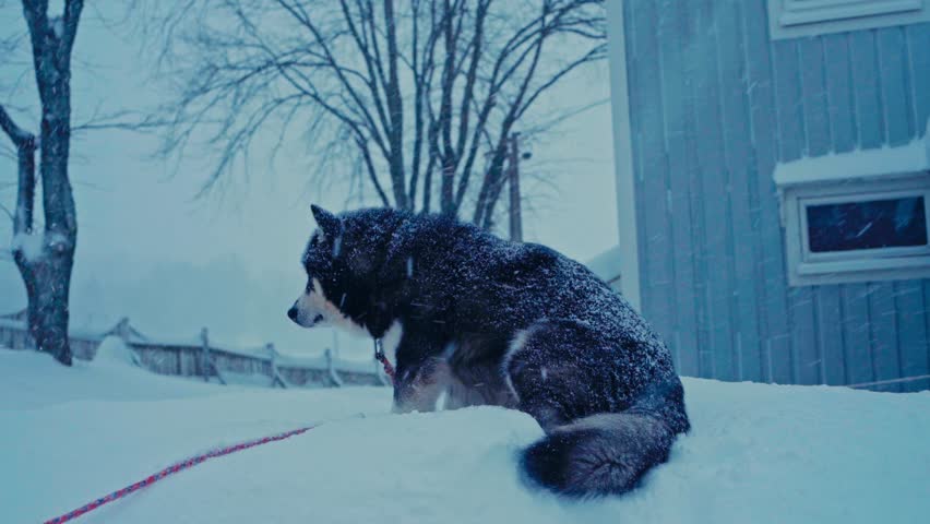 Siberian Husky Dog Breed Resting Outdoor In A Snowfall Day In Rural Village. Close-up Shot