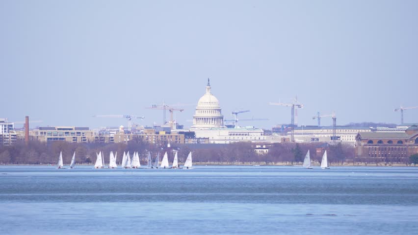 Sailboats on the Potomac River with the United States Capitol Building in the background.
