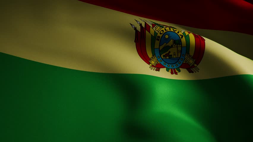 A closeup, spotlight-lit realistic 3D animation of a waving Bolivia flag, showcasing its red, yellow, and green colors in fluid motion