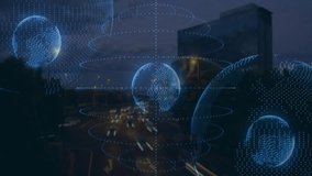 Digital globe animation over cityscape with illuminated roads at night. Technology, city lights, urban, futuristic, connectivity - Powered by Shutterstock - Get 15% off with code: PIKWIZARD15