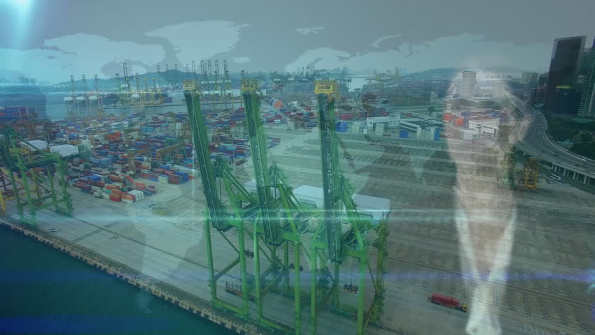 Futuristic digital interface animation over busy shipping port with containers. Logistics, technology, innovation, transportation, supply chain, cargo