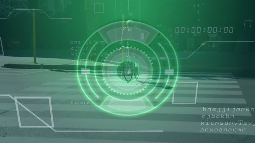 Cyclist on street with digital radar and data overlay animation. Cycling, technology, data analysis, urban, transportation, innovation - Powered by Shutterstock - Get 15% off with code: PIKWIZARD15