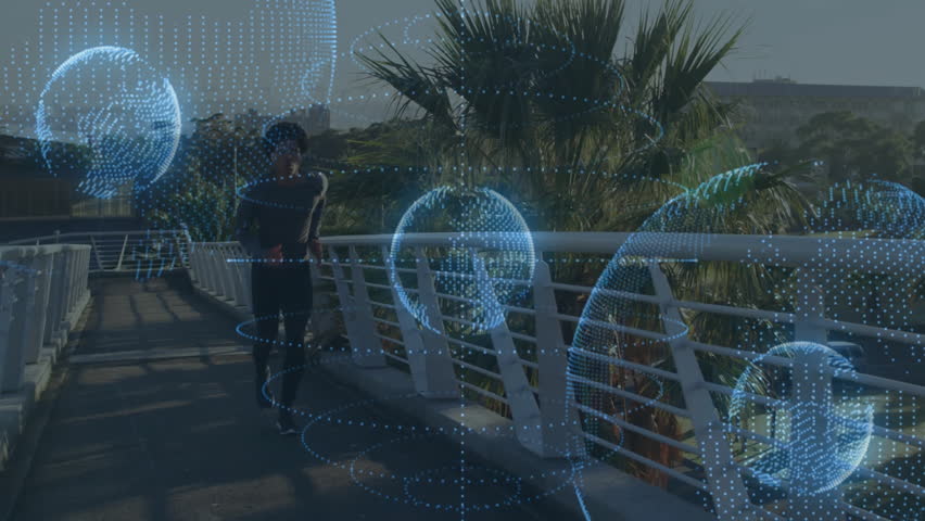 Person jogging on bridge with digital globe animations surrounding them. Fitness, technology, global, wellness, virtual, exercise