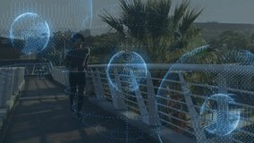 Person jogging on bridge with digital globe animations surrounding them. Fitness, technology, global, wellness, virtual, exercise - Powered by Shutterstock - Get 15% off with code: PIKWIZARD15