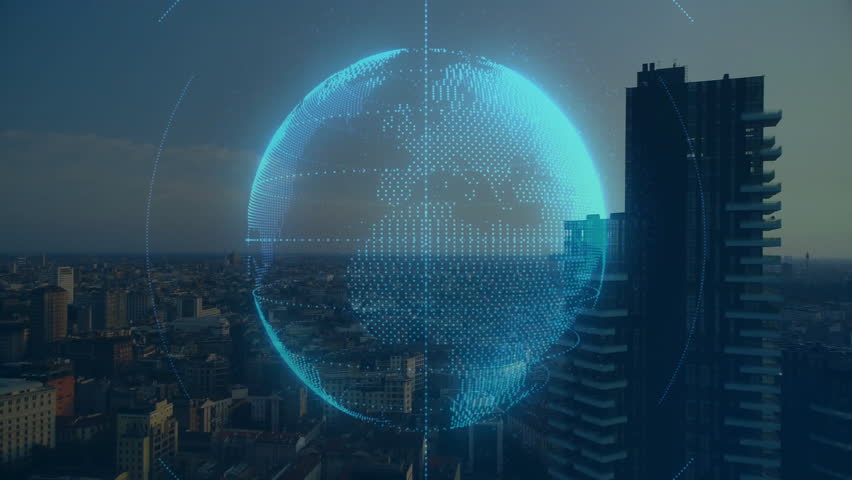 Glowing globe and digital network icons overlaying cityscape in animation style. Global, connectivity, technology, futuristic, communication, innovation - Powered by Shutterstock - Get 15% off with code: PIKWIZARD15