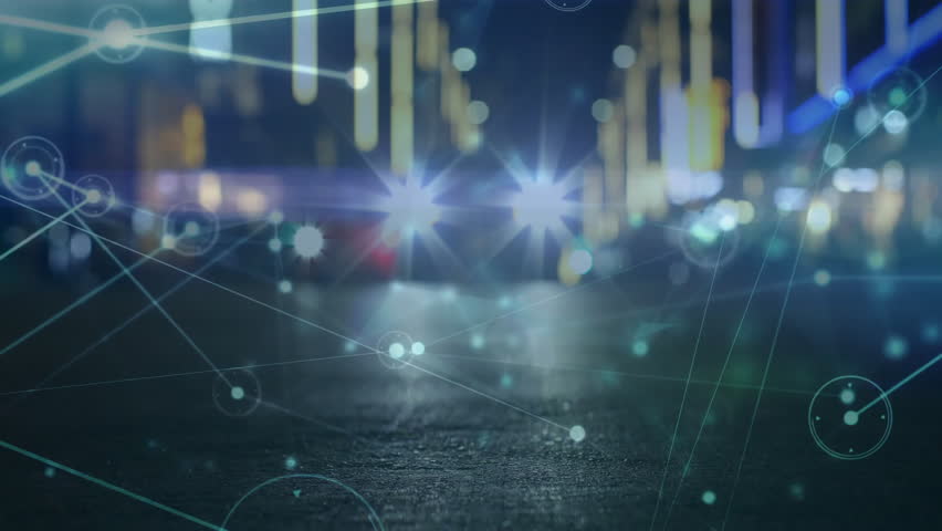 Network of connections and data processing animation over city street lights. Technology, connectivity, communication, digital, networking, urban - Powered by Shutterstock - Get 15% off with code: PIKWIZARD15