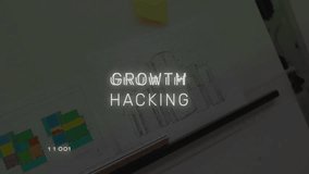 Growth hacking text animation over blurred background with digital elements. Marketing, strategy, innovation, technology, business, startup - Powered by Shutterstock - Get 15% off with code: PIKWIZARD15