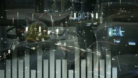 Animation of financial data charts and graphs overlaying cityscape at night. Finance, technology, business, economy, statistics, analysis - Powered by Shutterstock - Get 15% off with code: PIKWIZARD15