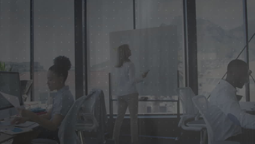 In modern office, animation of financial data charts and graphs overlaying meeting. Business, finance, analytics, teamwork, presentation, collaboration - Powered by Shutterstock - Get 15% off with code: PIKWIZARD15