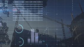 Cranes and construction site overlaid with data charts and world map animation. development, architecture, progress, global, infrastructure, analytics - Powered by Shutterstock - Get 15% off with code: PIKWIZARD15