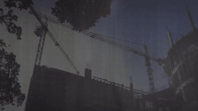 Animation of financial graphs overlaying construction site with cranes and buildings. Finance, development, investment, growth, progress, data - Powered by Shutterstock - Get 15% off with code: PIKWIZARD15