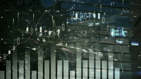 Animation of financial data charts overlaying cityscape with illuminated buildings at night. Finance, economy, analytics, technology, investment, statistics - Powered by Shutterstock - Get 15% off with code: PIKWIZARD15