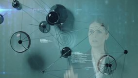 Interacting with digital network, businesswoman using animation for global connections. Technology, communication, innovation, networking, globalization, virtual - Powered by Shutterstock - Get 15% off with code: PIKWIZARD15