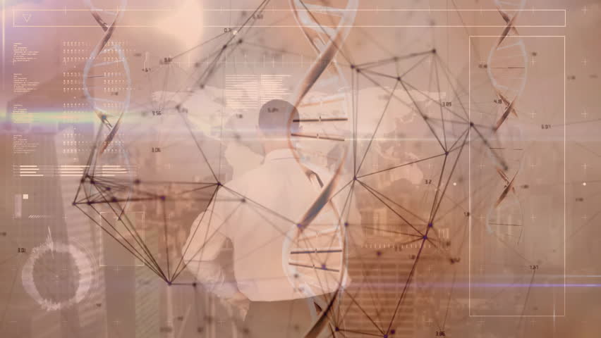 Analyzing data in office, person viewing DNA strand and network animation. Biotechnology, analysis, genetics, innovation, technology, research - Powered by Shutterstock - Get 15% off with code: PIKWIZARD15