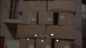 Stacked cardboard boxes with animation of social media icons in foreground. Logistics, packaging, delivery, transportation, distribution, commerce - Powered by Shutterstock - Get 15% off with code: PIKWIZARD15