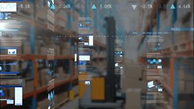 In warehouse, data analytics and graphs overlaying shelves with boxes animation. Logistics, inventory, supply chain, technology, digital, innovation - Powered by Shutterstock - Get 15% off with code: PIKWIZARD15