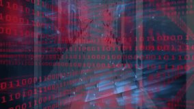 Red binary code animation over modern data center with blue lighting. Cybersecurity, technology, network, database, digital, futuristic - Powered by Shutterstock - Get 15% off with code: PIKWIZARD15