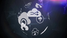 Rotating cloud computing icons within digital network sphere animation in school setting. Technology, communication, innovation, connectivity, networking, education - Powered by Shutterstock - Get 15% off with code: PIKWIZARD15