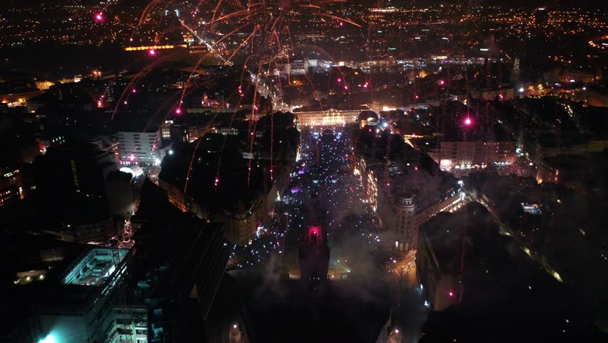 Aerial view of new years eve Fireworks above Porto - 4K Drone video