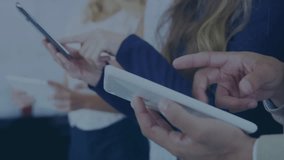 Encrypted data transfer animation over people using smartphones in office. Technology, cybersecurity, communication, encryption, mobile devices, connectivity - Powered by Shutterstock - Get 15% off with code: PIKWIZARD15