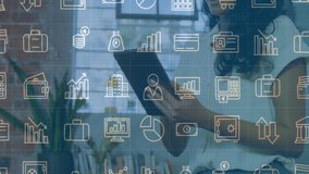 Using tablet with financial data animation, businesswoman in office environment. technology, analytics, finance, professional, corporate, economy - Powered by Shutterstock - Get 15% off with code: PIKWIZARD15