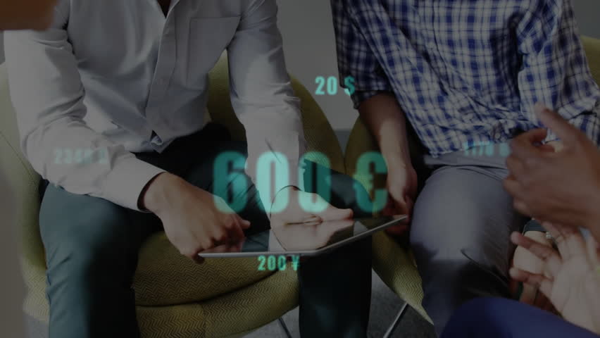 Discussing financial data, diverse group using tablet with currency symbols animation. Business, finance, teamwork, collaboration, technology, digital - Powered by Shutterstock - Get 15% off with code: PIKWIZARD15
