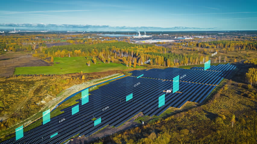 Aerial View Of Solar Farm With Data Bar Graph Rising At Sunrise. hyperlapse, pullback shot