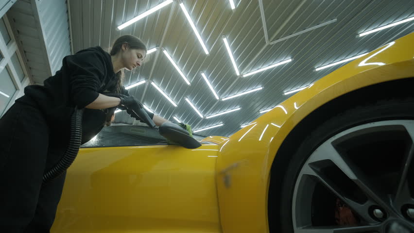 Car Detailing Specialist Washing a Yellow Sports Car