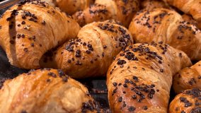 Tracking shot on freshly baked golden french chocolate croissants on shelf from bakery - Powered by Shutterstock - Get 15% off with code: PIKWIZARD15