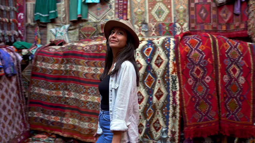 A photographer tourist browses handmade carpets and kilims in a shop, capturing the intricate designs with a camera. Authentic carpets hang wall, reflecting the rich culture of Cappadocia, Turkey.