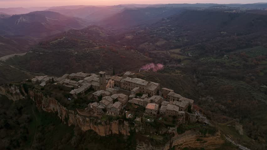 Aerial View Of Civita di Bagnoregio Village in Viterbo, Italy.