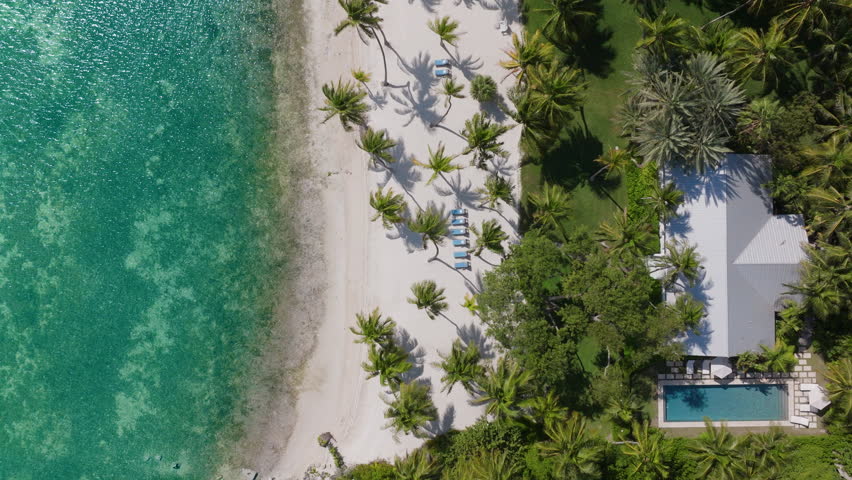 Experience the stunning aerial view of a beautiful and serene beach alongside lush greenery in Key West, Florida, highlighting the crystal clear waters and incredibly relaxing environment