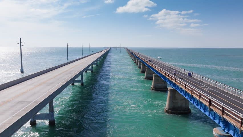 An aerial view of the stunning 106.5mile Overseas Highway, ending in Key West, Florida, offers scenic ocean views and inviting stops for exploring local culture and landscapes