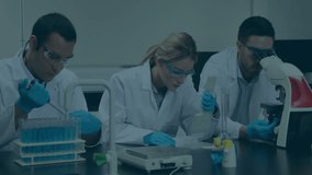 Scientists working in laboratory with geometric data processing animation overlay. Science, innovation, technology, research, data analysis, futuristic - Powered by Shutterstock - Get 15% off with code: PIKWIZARD15