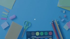 School supplies on blue background with network connection animation overlay. Stationery, technology, education, connectivity, digital, innovation - Powered by Shutterstock - Get 15% off with code: PIKWIZARD15