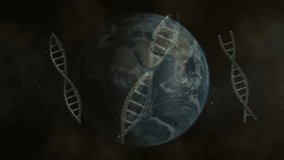 DNA strands orbiting Earth, animation symbolizing genetic connections in space. Genetics, biotechnology, cosmic, universe, exploration, interconnection - Powered by Shutterstock - Get 15% off with code: PIKWIZARD15