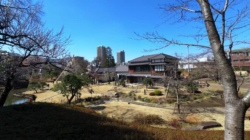 A tranquil park scene in Tokyo featuring traditional architecture with city skyline views