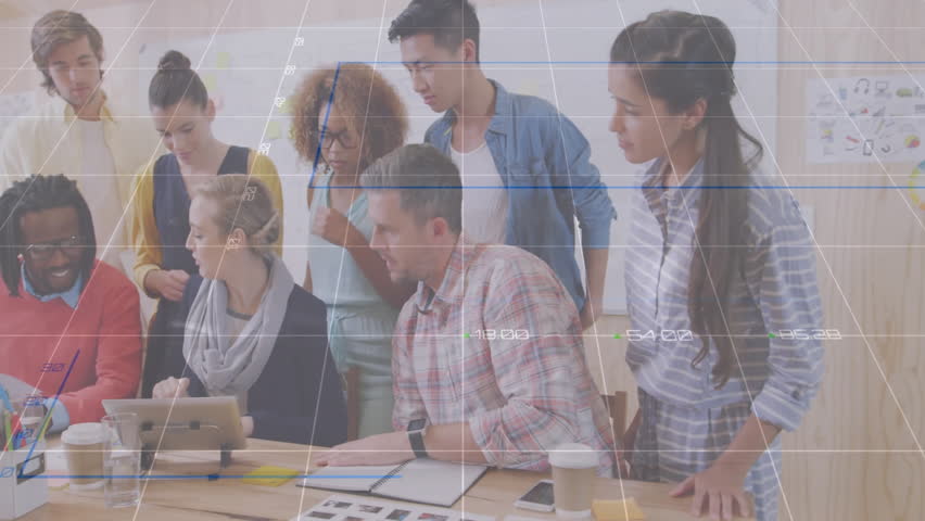 Diverse team collaborating at table with financial data processing animation overlay. Teamwork, diversity, collaboration, finance, data analysis, technology - Powered by Shutterstock - Get 15% off with code: PIKWIZARD15