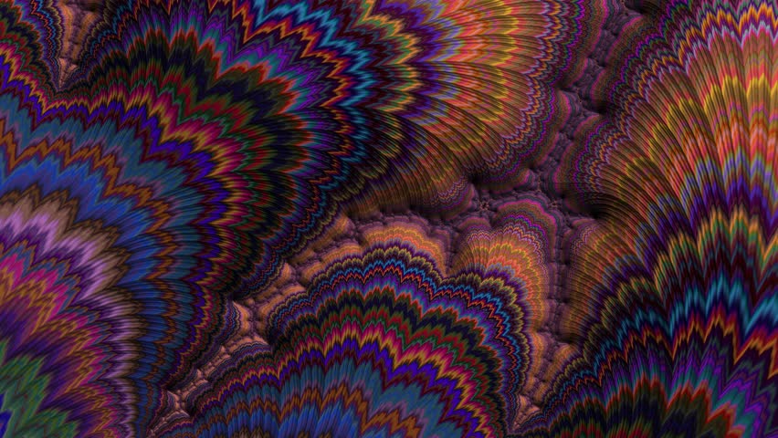  fractal pattern with vivid zigzag waves in deep blues, purples, and fiery oranges, creating a psychedelic effect.
