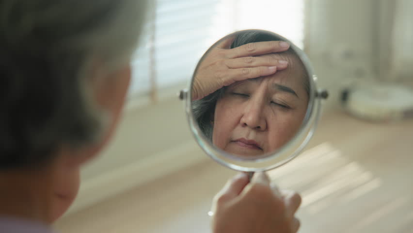 Asia adult people middle age old woman look at mirror dry skin face hand touch neck cheek stress sad at home elder health care aging beauty issue. Asian female aged eye botox filler plastic surgery.