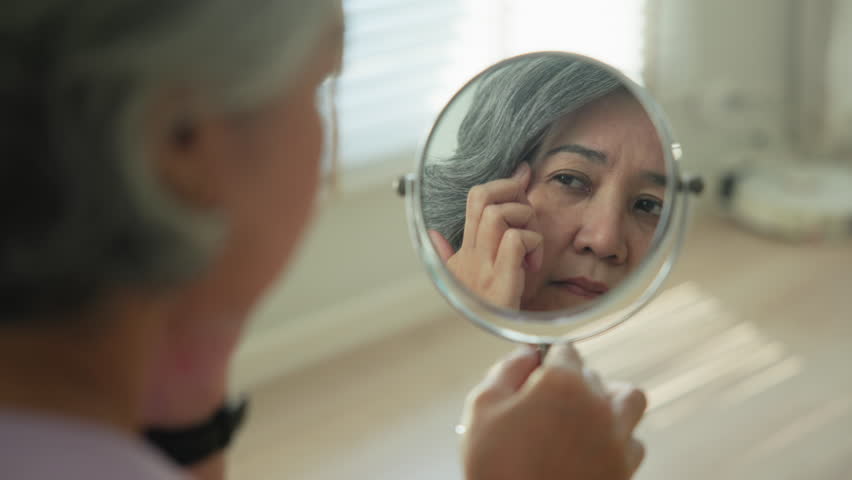 Asia adult people middle age old woman look at mirror dry skin face hand touch neck cheek stress sad at home elder health care aging beauty issue. Asian female aged eye botox filler plastic surgery.