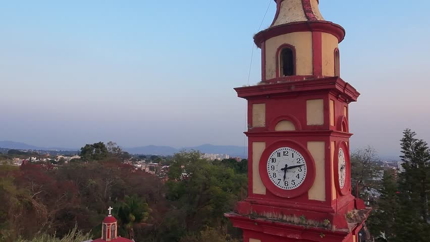 rounf shot of the top of bell tower of the parish of tlaltenango, Mexico