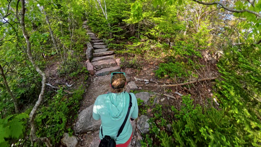 Overhead of Woman Hiking Stone Path to Cadillac Mountain in Acadia National Park