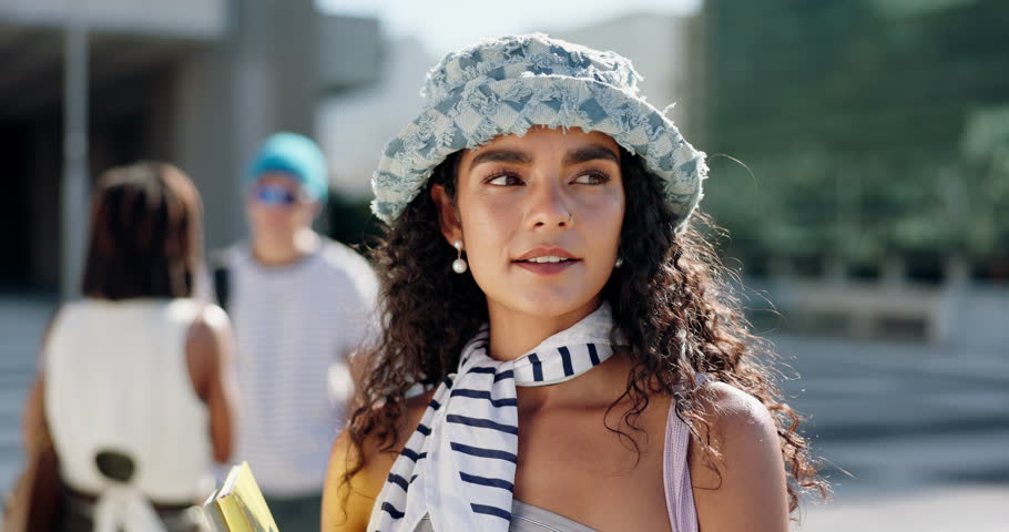 Face, woman and student smile at university for education, learning and knowledge at campus building. Portrait, gen z girl and future study with academy, college and pride for scholarship degree